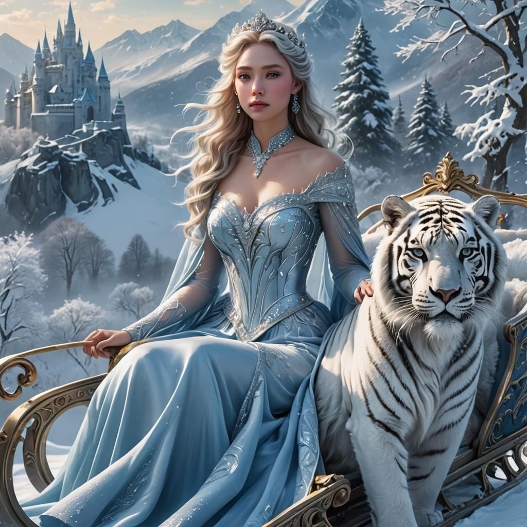 Icy Princess in Sleigh with White Tigers