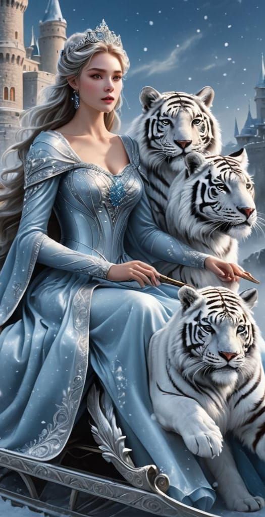 Mystical Ice Princess on Sleigh with White Tigers