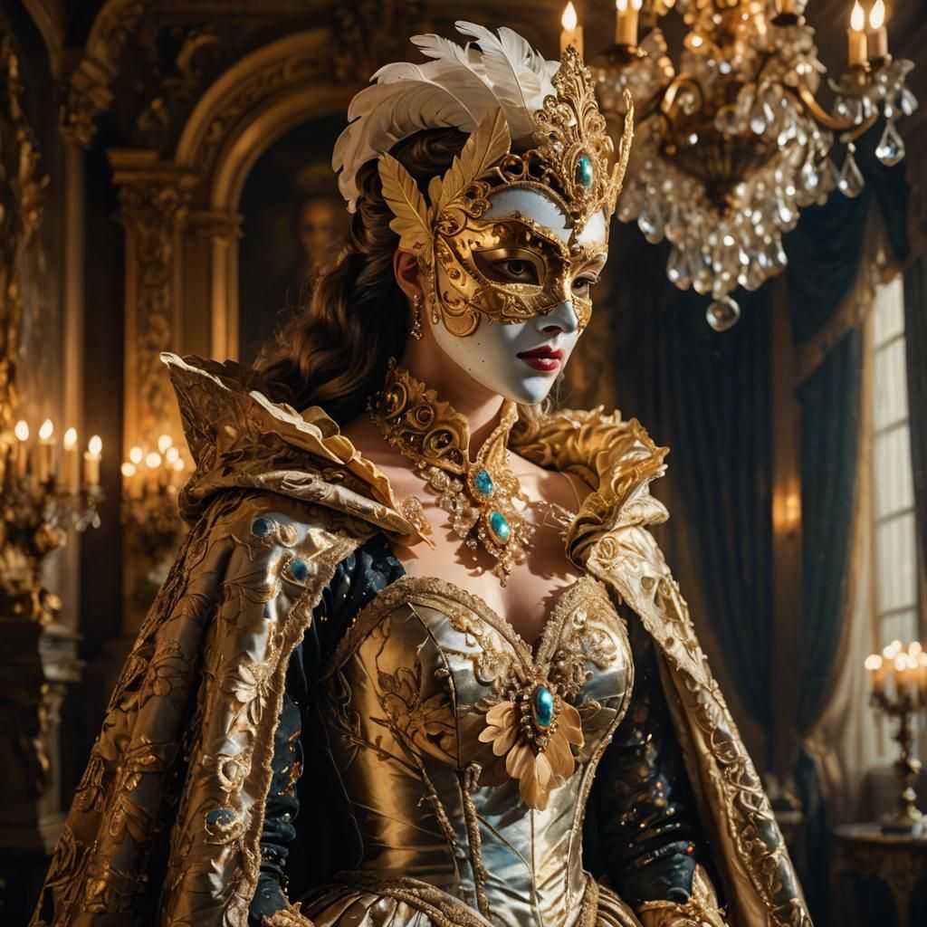 Baroque Masquerade Ball Portrait in Lavish Setting