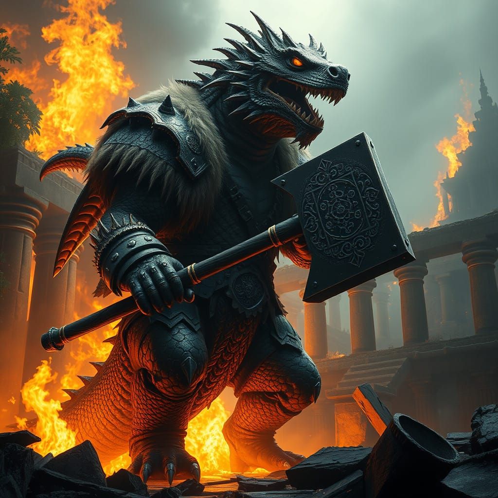 Viking Berzerker Komodo Dragon Emerges from Flames with Colo...
