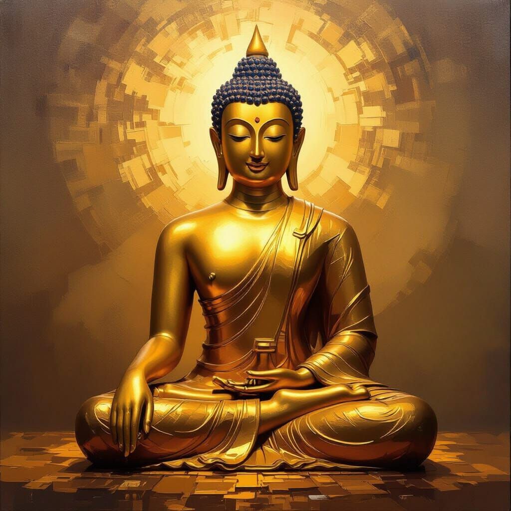 Golden Buddha Meditation in Classical Oil Painting Style
