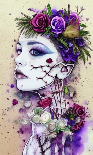 Skeletal Glass Bride Portrait with Watercolor Effects