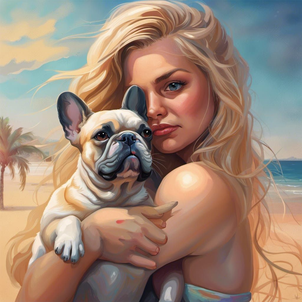 Blonde Woman and French Bulldog on Beach