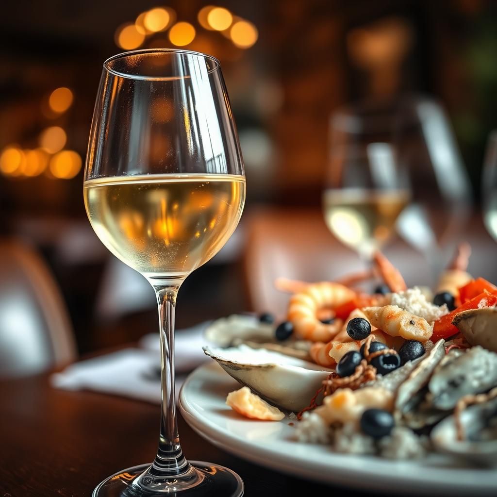 Cozy Restaurant Table with Seafood and Wine
