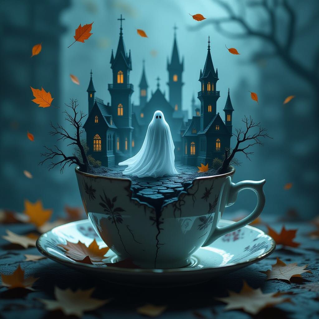 Film-noir illustration. Medium shot. A lone ghost wanders th...