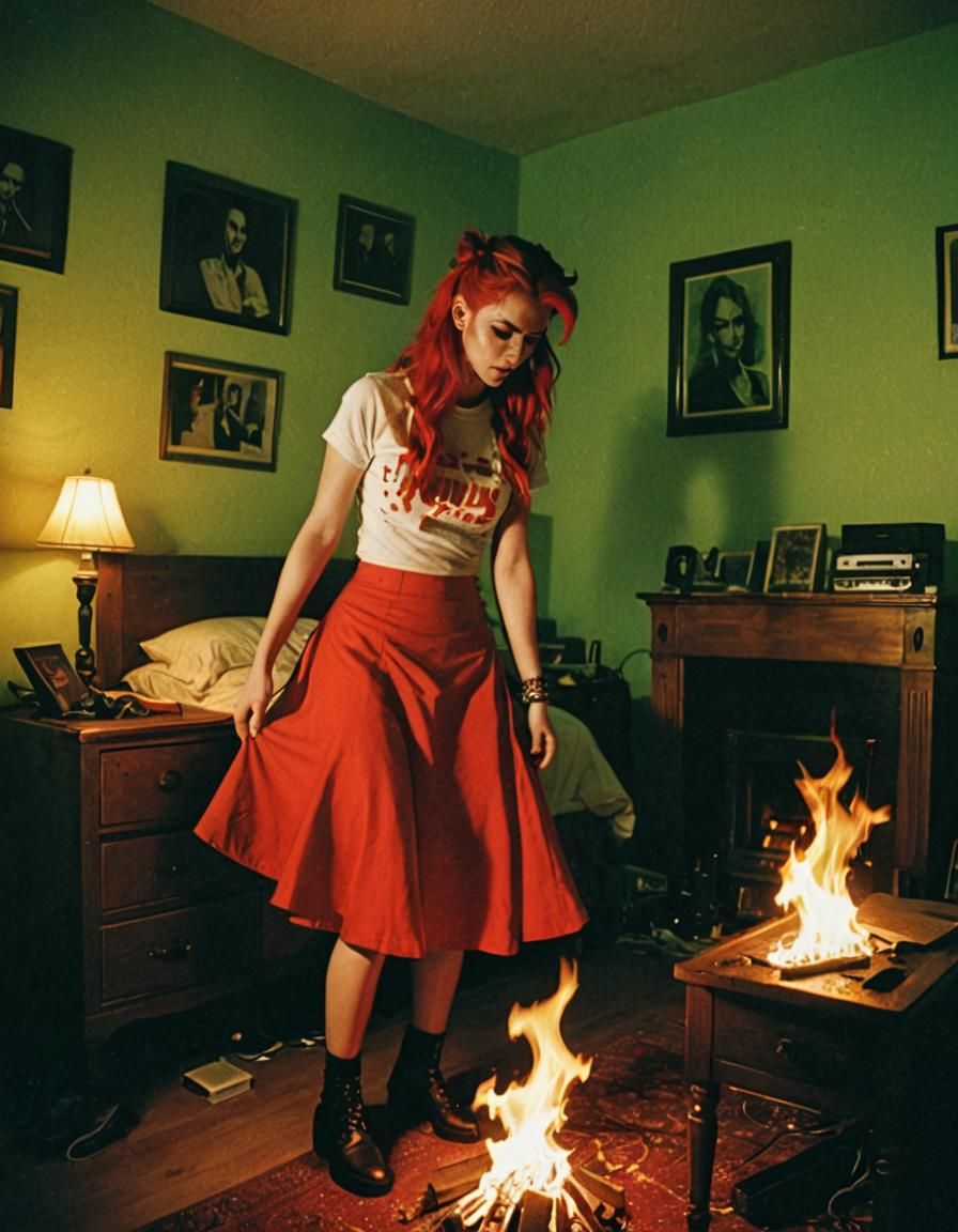 Girl on Fire in Bedroom, 90s Flash Photo