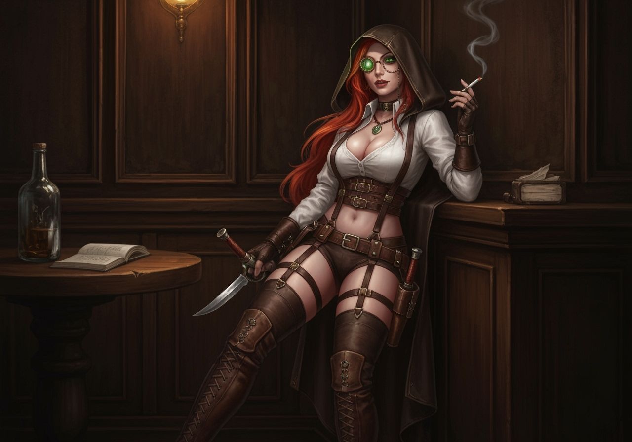 Red-Haired Steampunk Rogue in a Dark Pub Corner