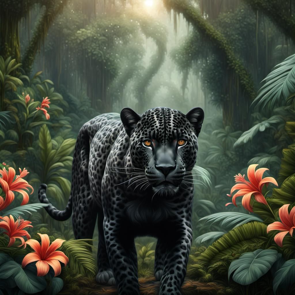 Black Jaguar in Rainforest: Digital Matte Painting