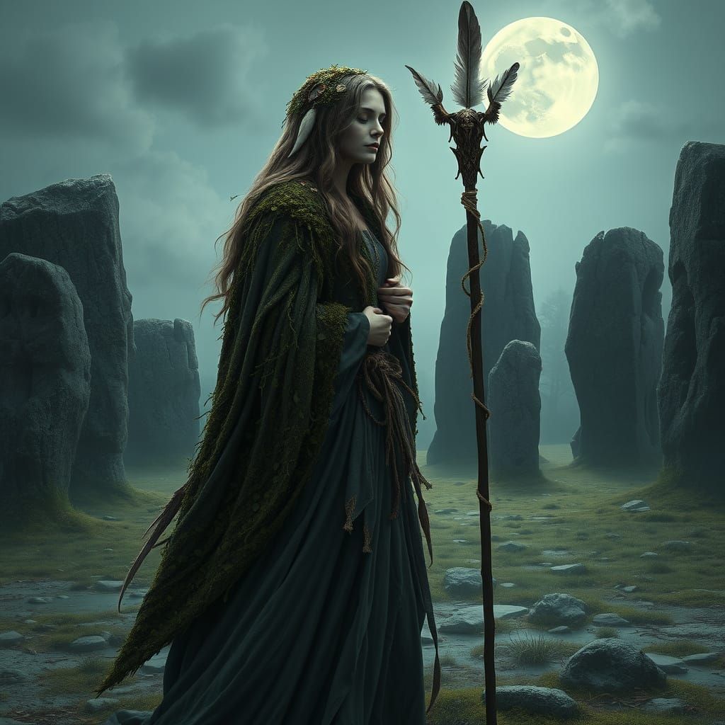 Druidess Meditating Under Moonlight in Ancient Stone Circle
