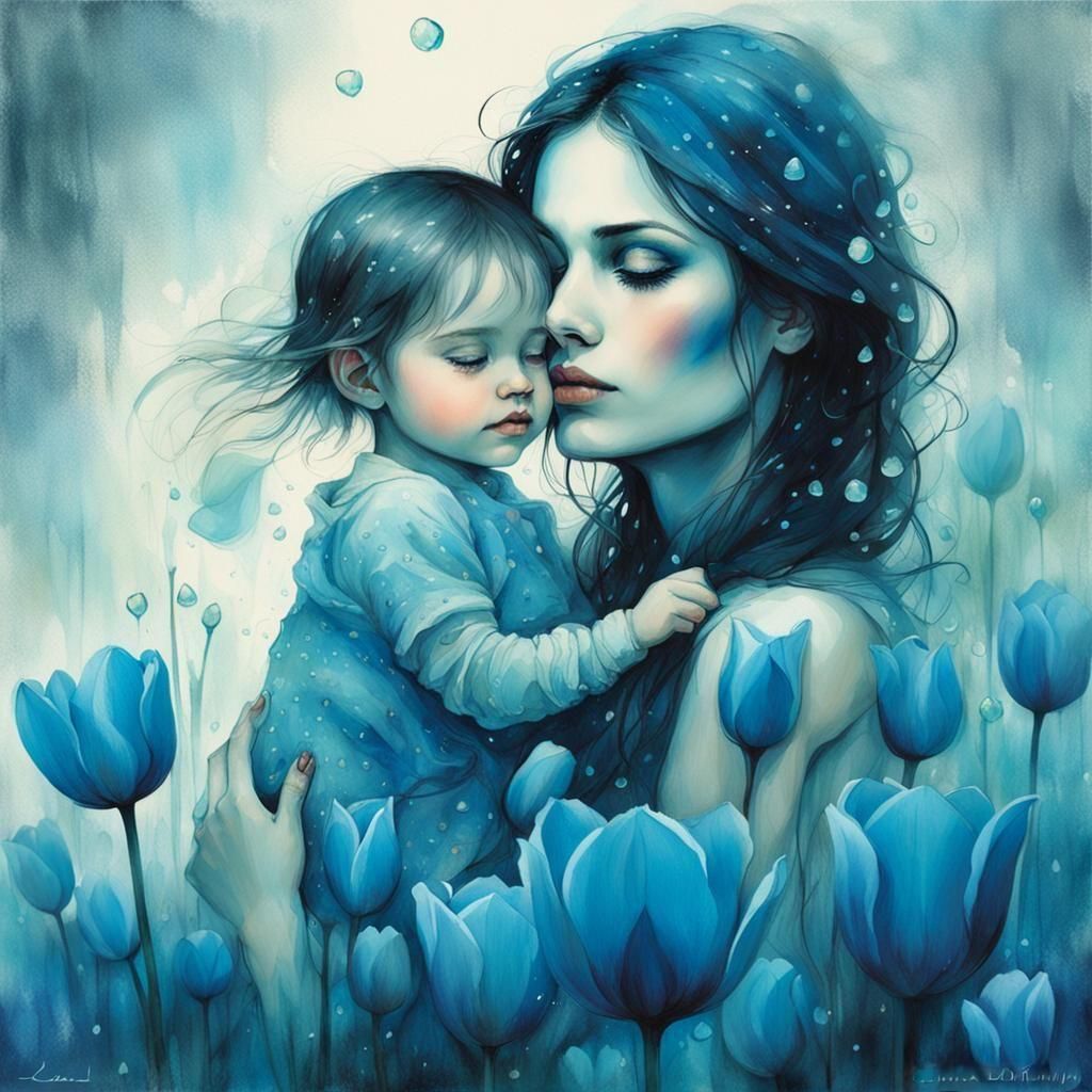 Mother and Child in Azure Tulips: Romantic Digital Art