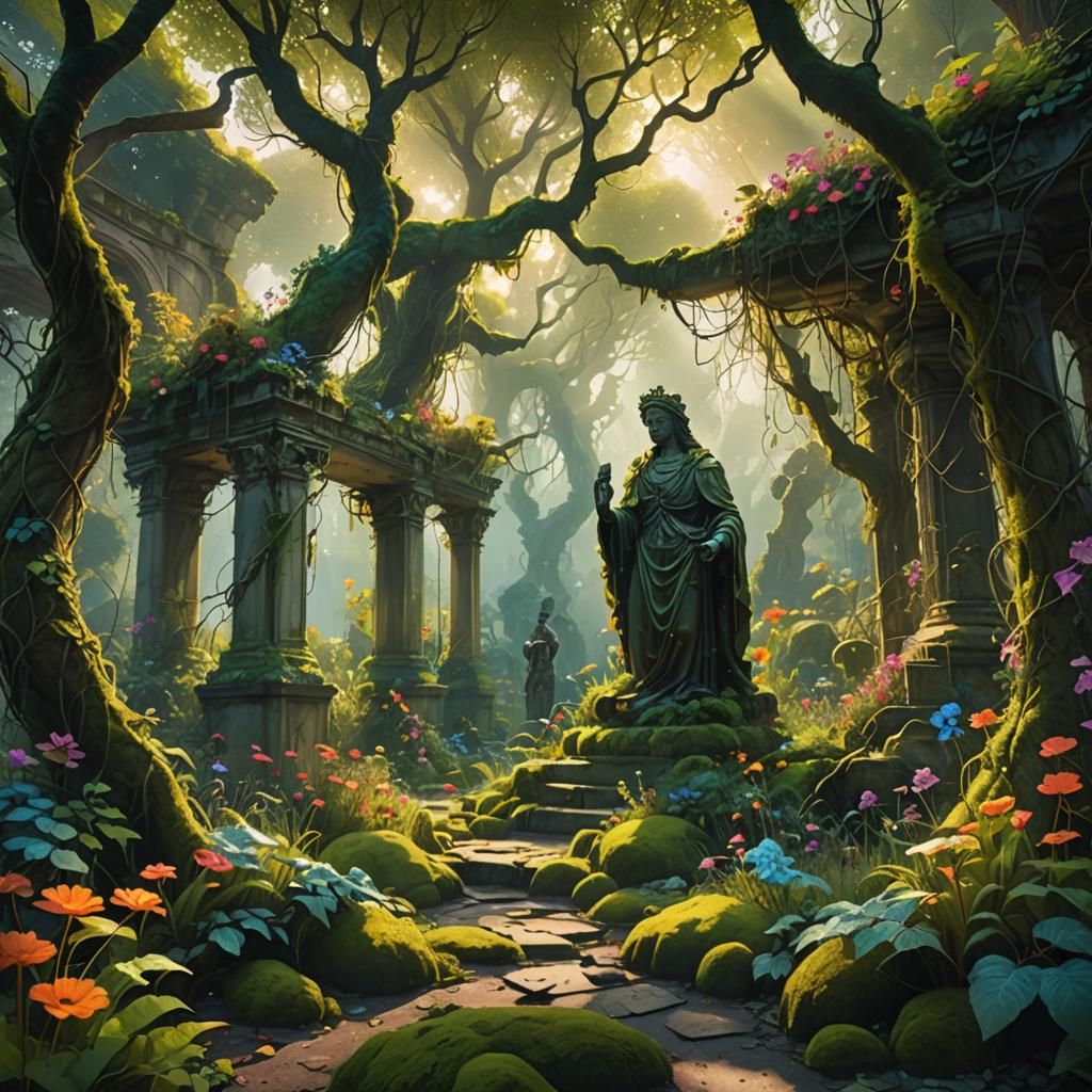 Secret Garden with Shattered Statues in Oil Painting