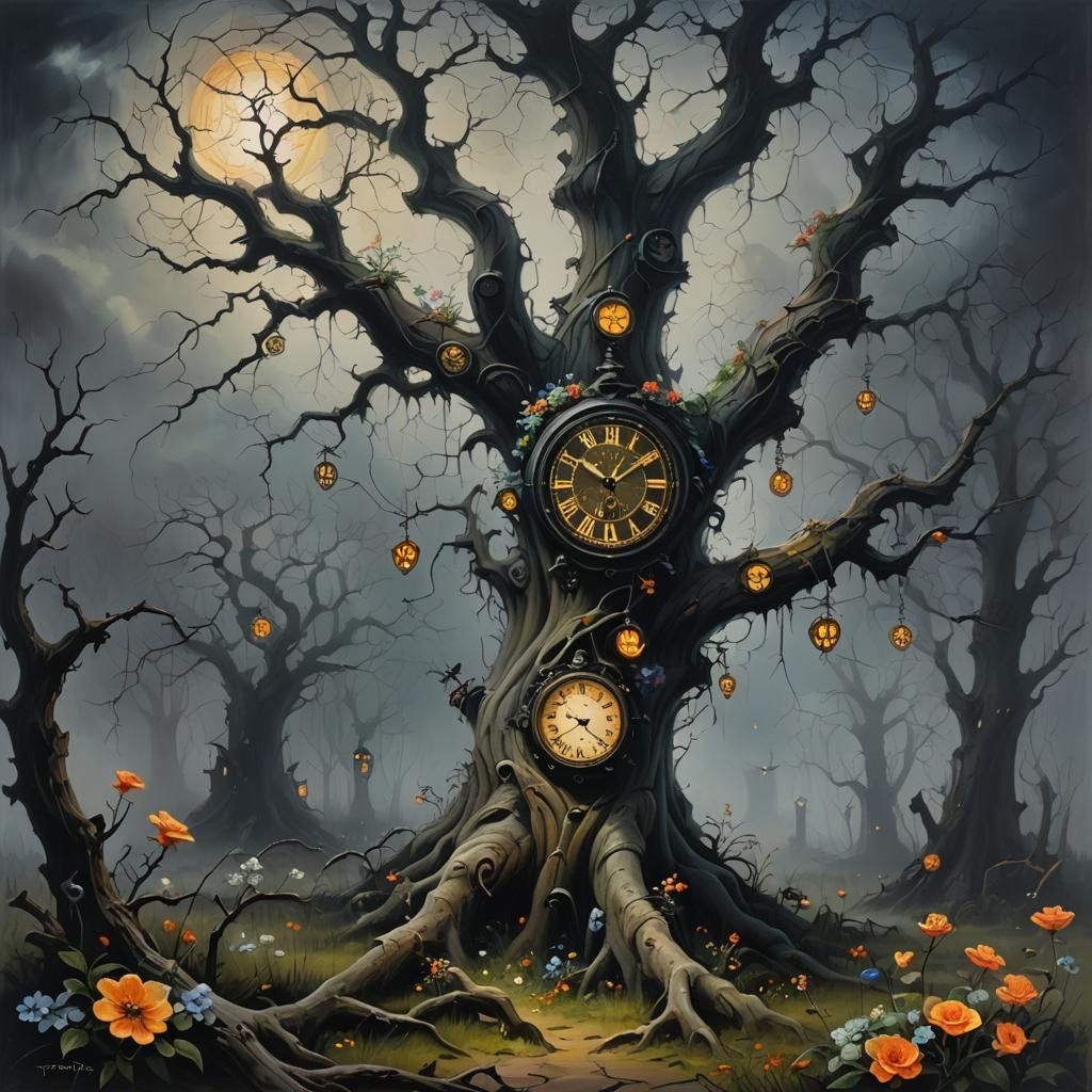 Surreal Tree of Clocks and Poison Flowers as Oil Painting