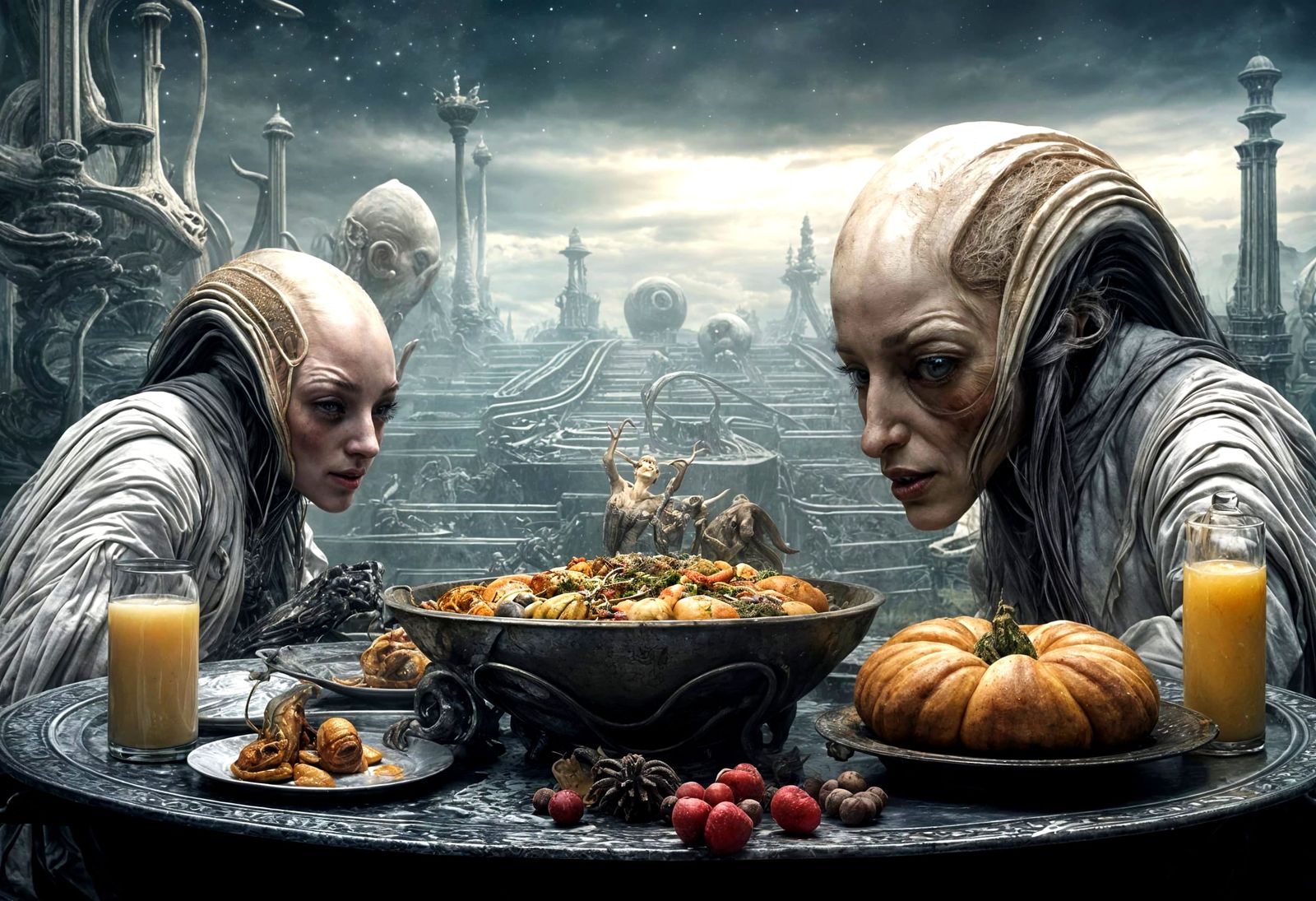Dreamlike Alien Feast in Magical Realism Style