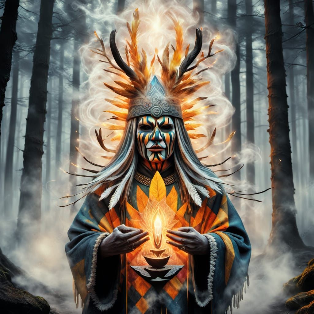 A shaman performs a ritual in a dark forest