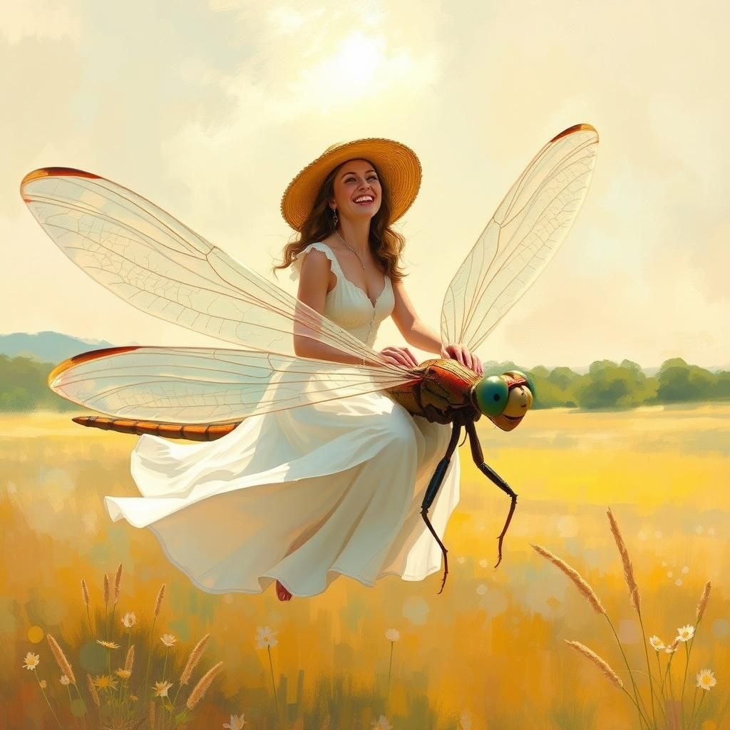 Woman Riding Dragonfly in Impressionist Summer Landscape