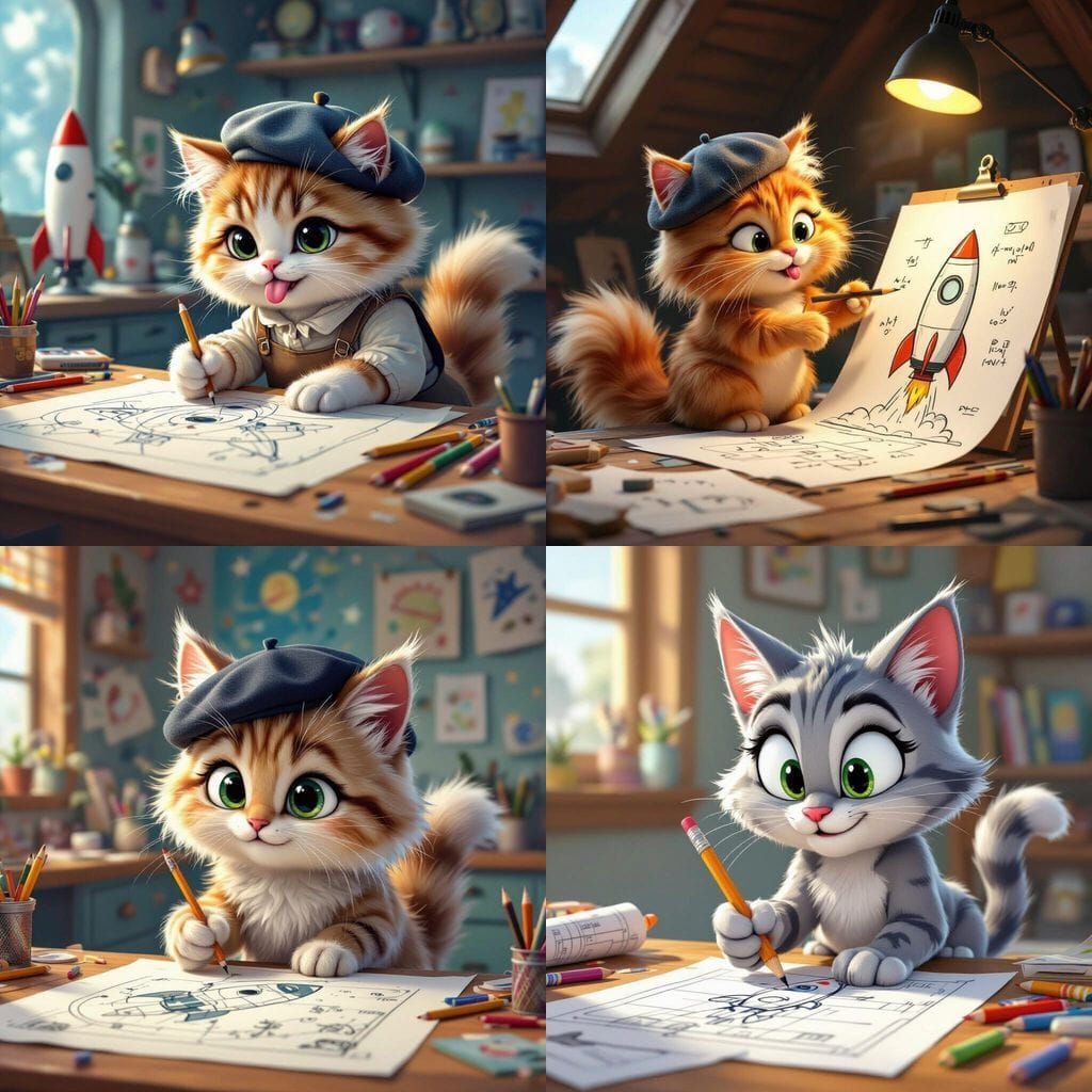 Playful Cartoon Cat Designs Rocket for Space Flight