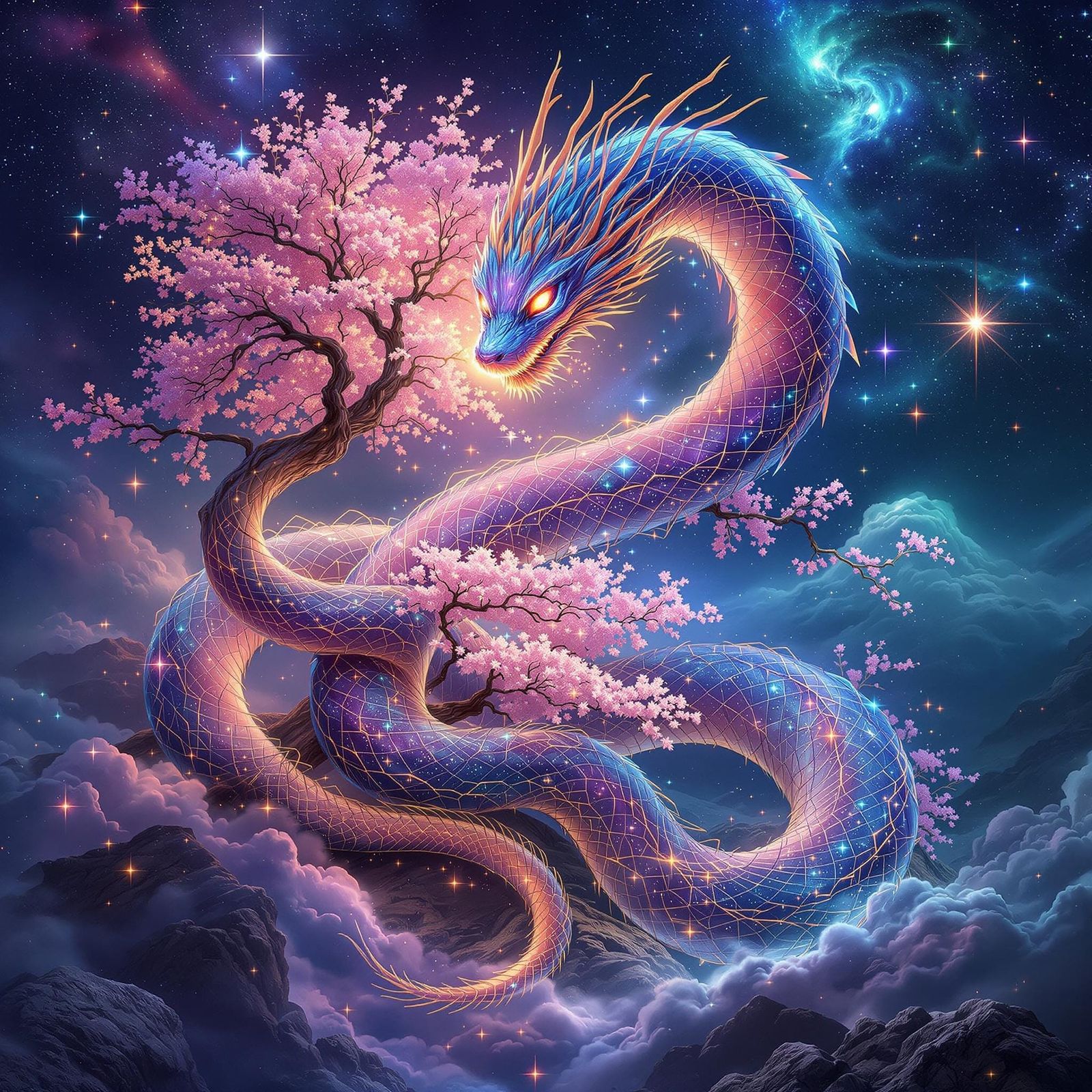 Cosmic Serpent Embodies Vibrant Cherry Blossom Tree in Iride...