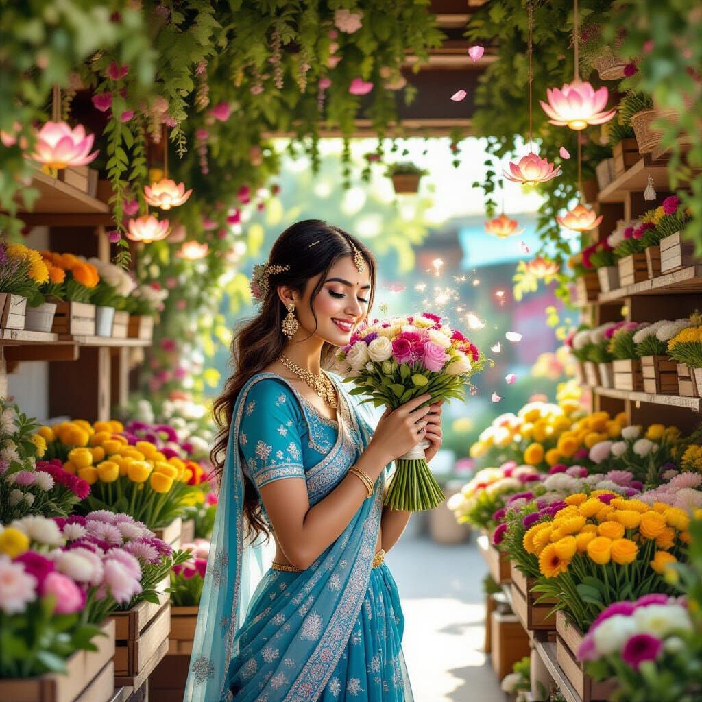 Indian Maiden in Enchanted Floral Shop with Cinematic Glow