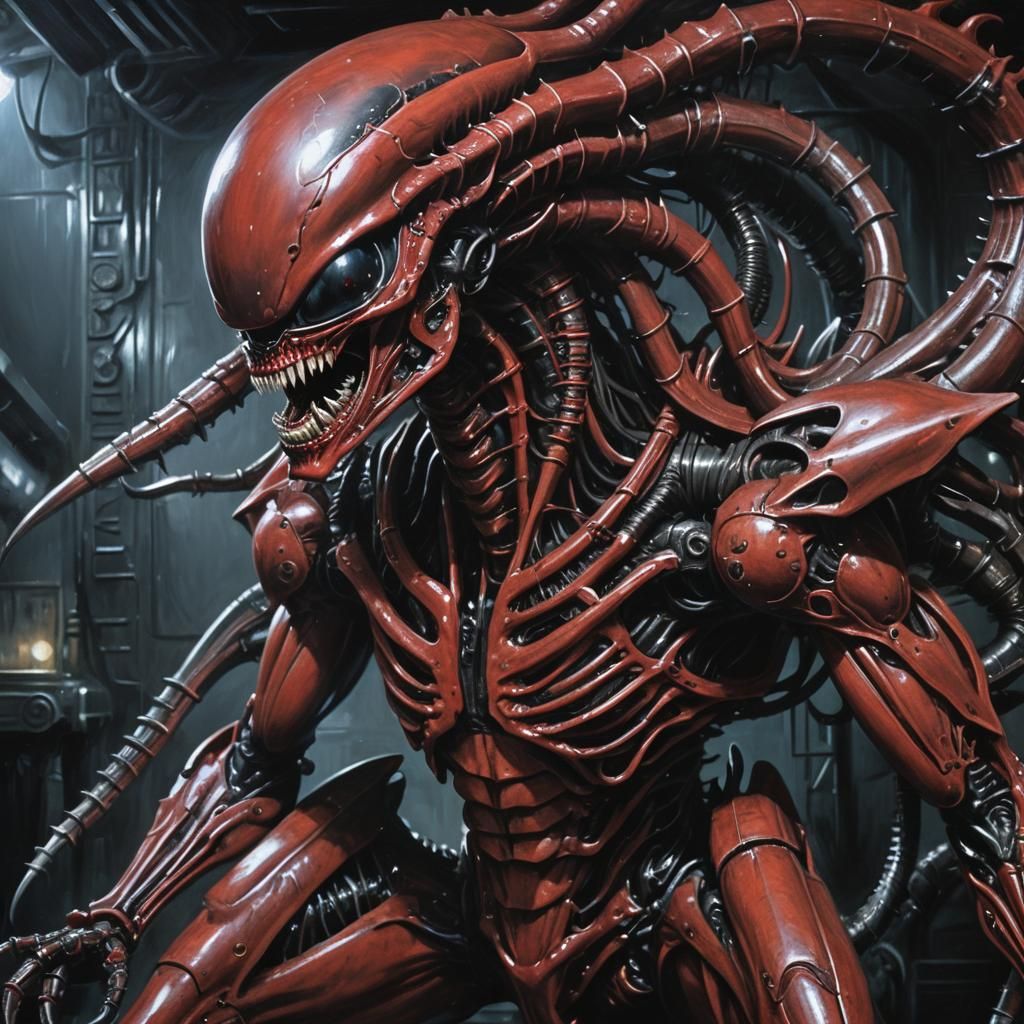 Red Xenomorph Lunging: Bio-Mechanical Horror in Oil