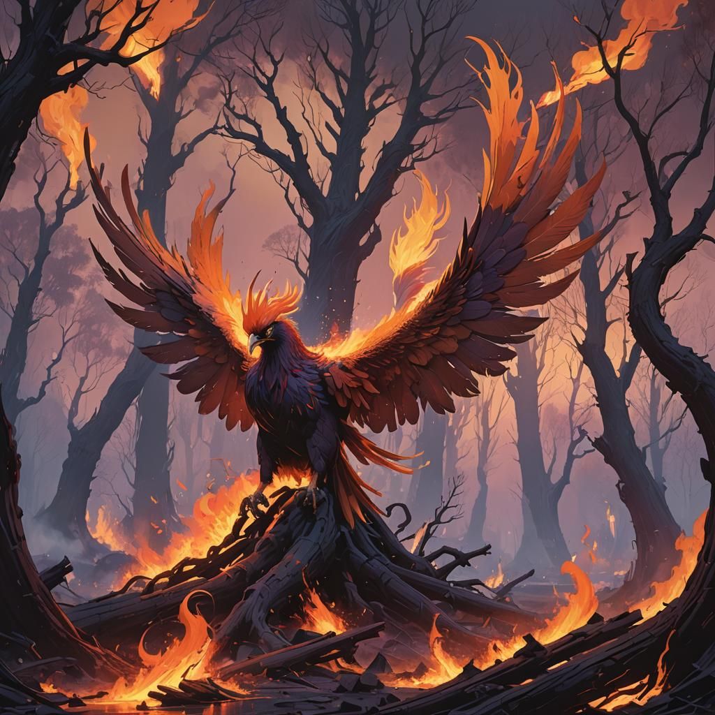 Fiery Phoenix Rising from Ashes in Lo-fi Art