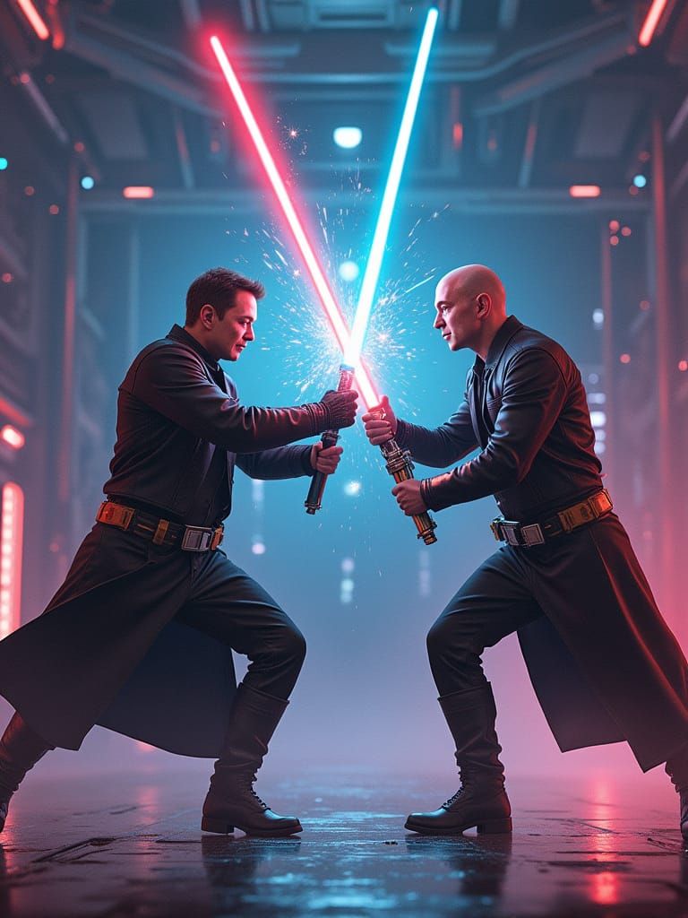 Futuristic Billionaire Duelists Engage in High-Tech Lightsab...