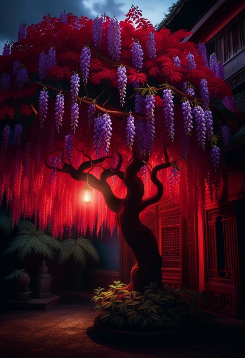 Detailed Red Wisteria Tree at Evening: Digital Painting
