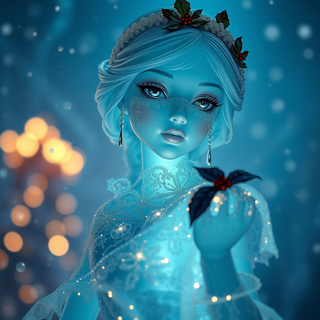 Icy Porcelain Doll in Winter Wonderland, Digital Art