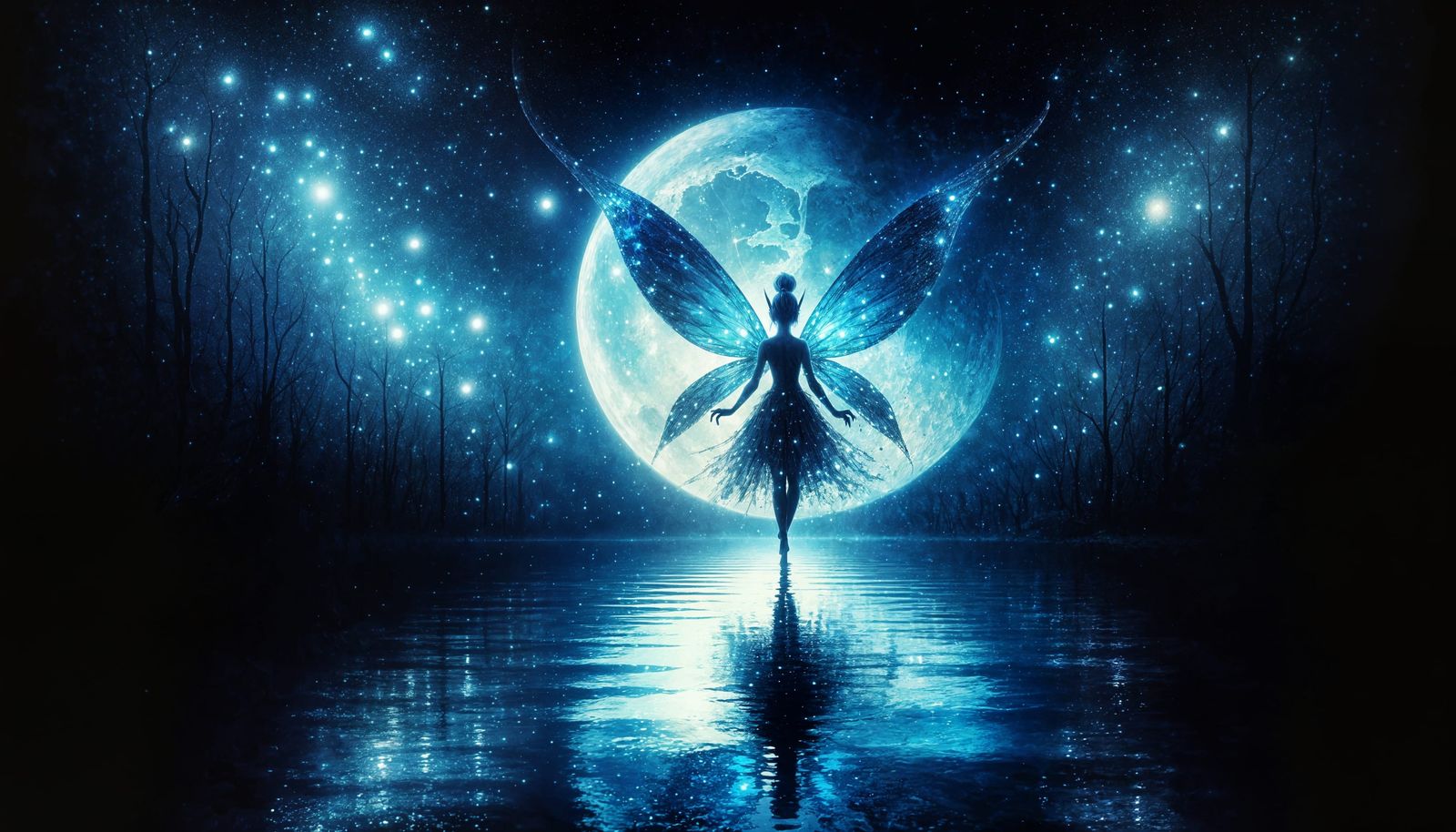 Fairy Silhouette Under Neon Moon in Neo-Impressionist Style