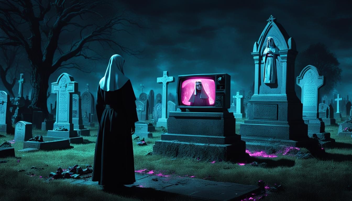 Horrific Nun in Graveyard with Television, Dario Argento Sty...