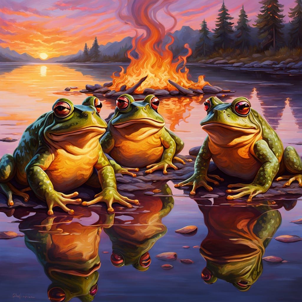 Bullfrogs Campfire at Sunset in Oil Painting Style