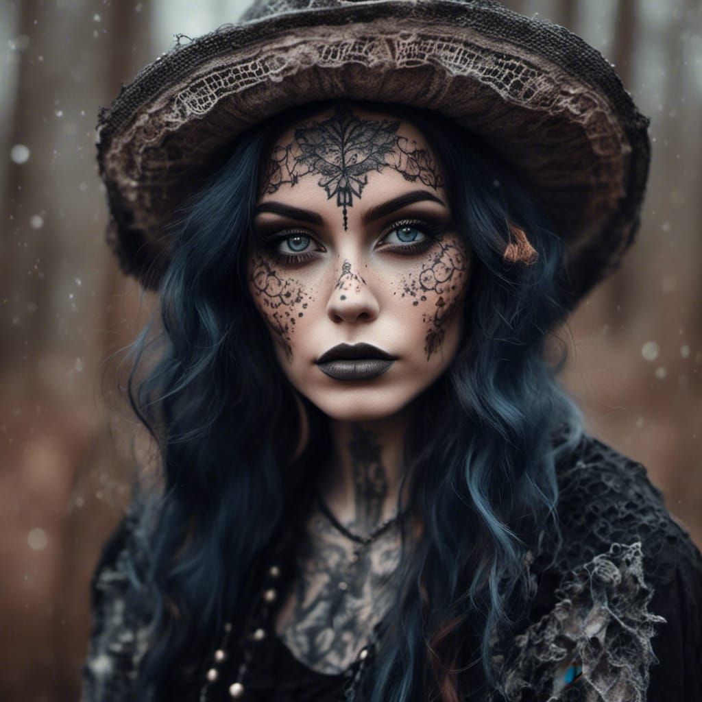 Beautiful Tattooed Woman with Gothic Makeup
