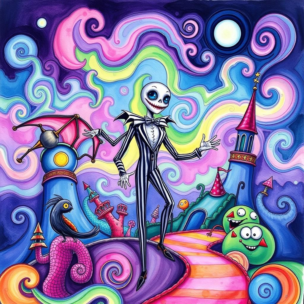 Beetlejuice in a Vibrant Candyland Wonderland
