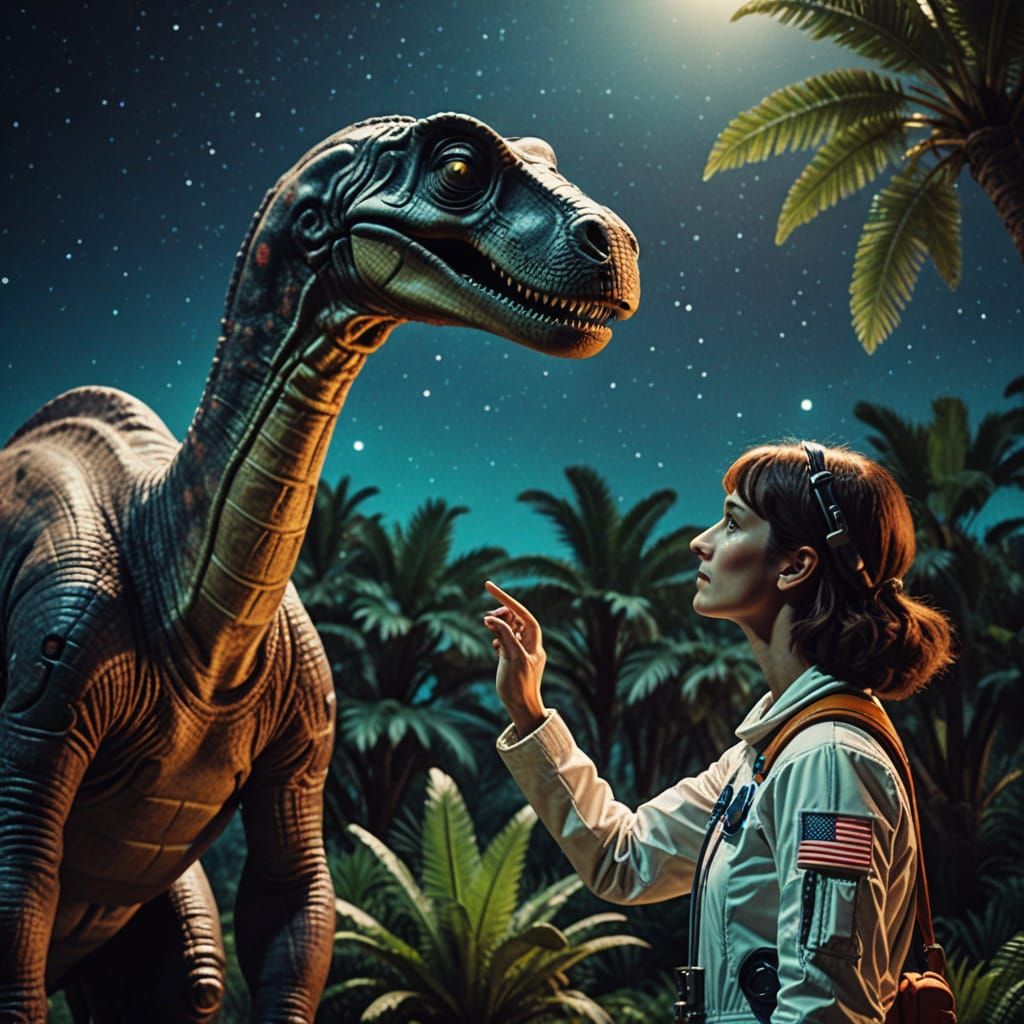 Astronaut and Brontosaurus in Cinematic Film Still
