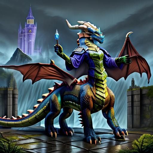 Dragon-Taur Mage Portrait in Rainstorm, Fantasycore Painting