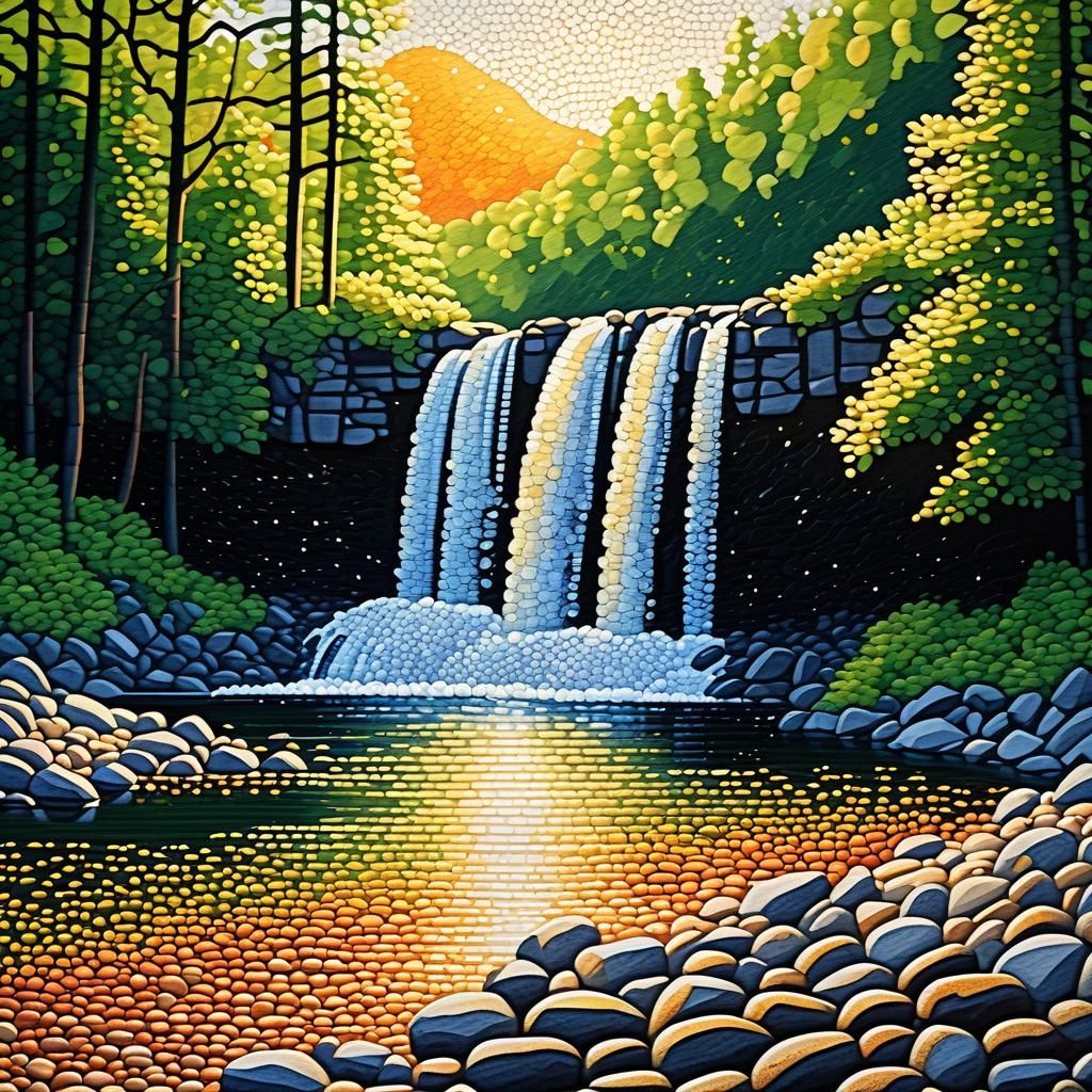 Pointillist Forest Waterfall at Golden Hour