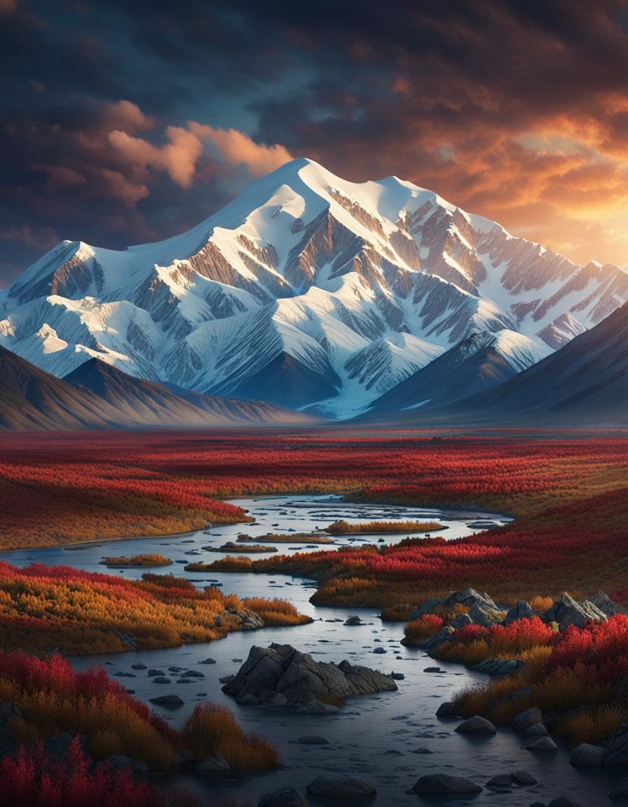 Dramatic Image of Denali Mountain in Hyperrealistic Style