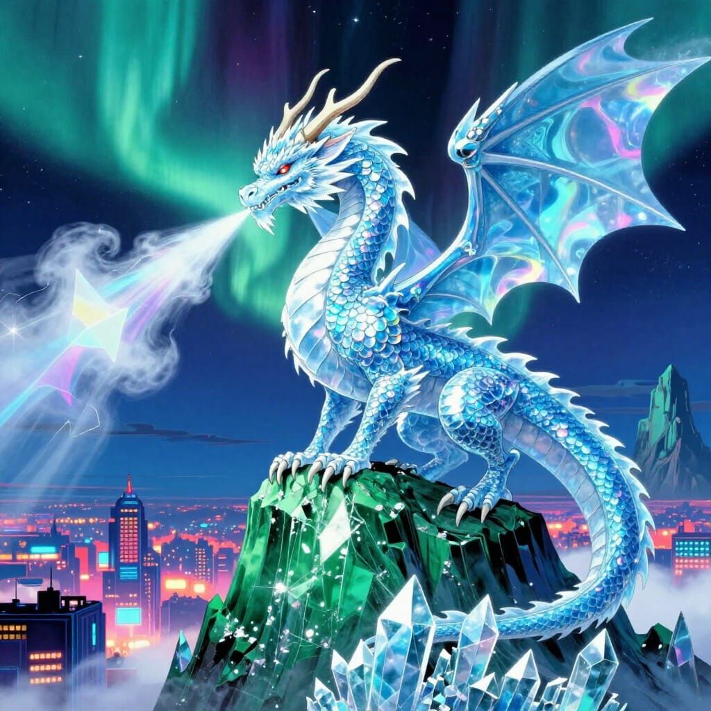 Ice Dragon Over Neon City in 80s Sci-Fi Style