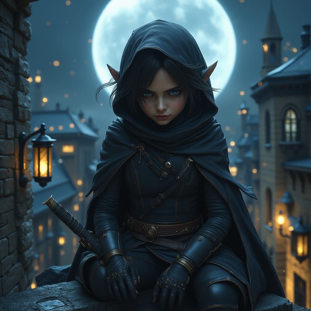 Halfling Rogue on Moonlit Rooftop in Noir Fantasy Style