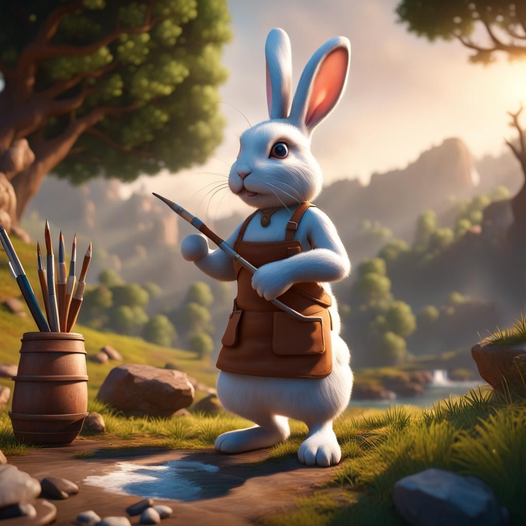 Rabbit Painter Creates Landscape in 3D Style