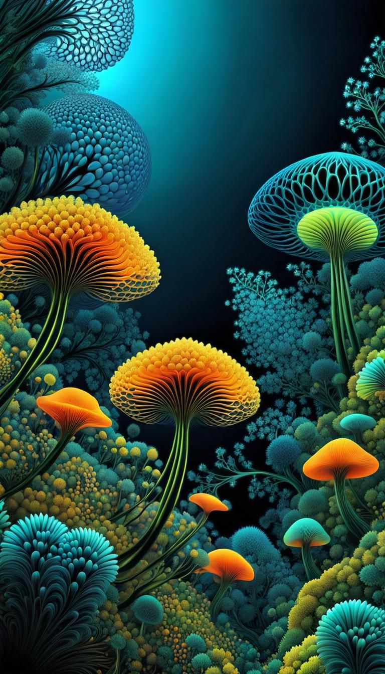 Psychedelic Bioluminescent Mold and Flowers in Abstract Art