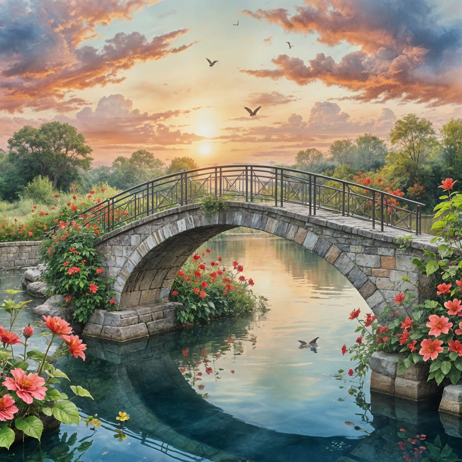 A stone bridge covered with red trumpet flowers