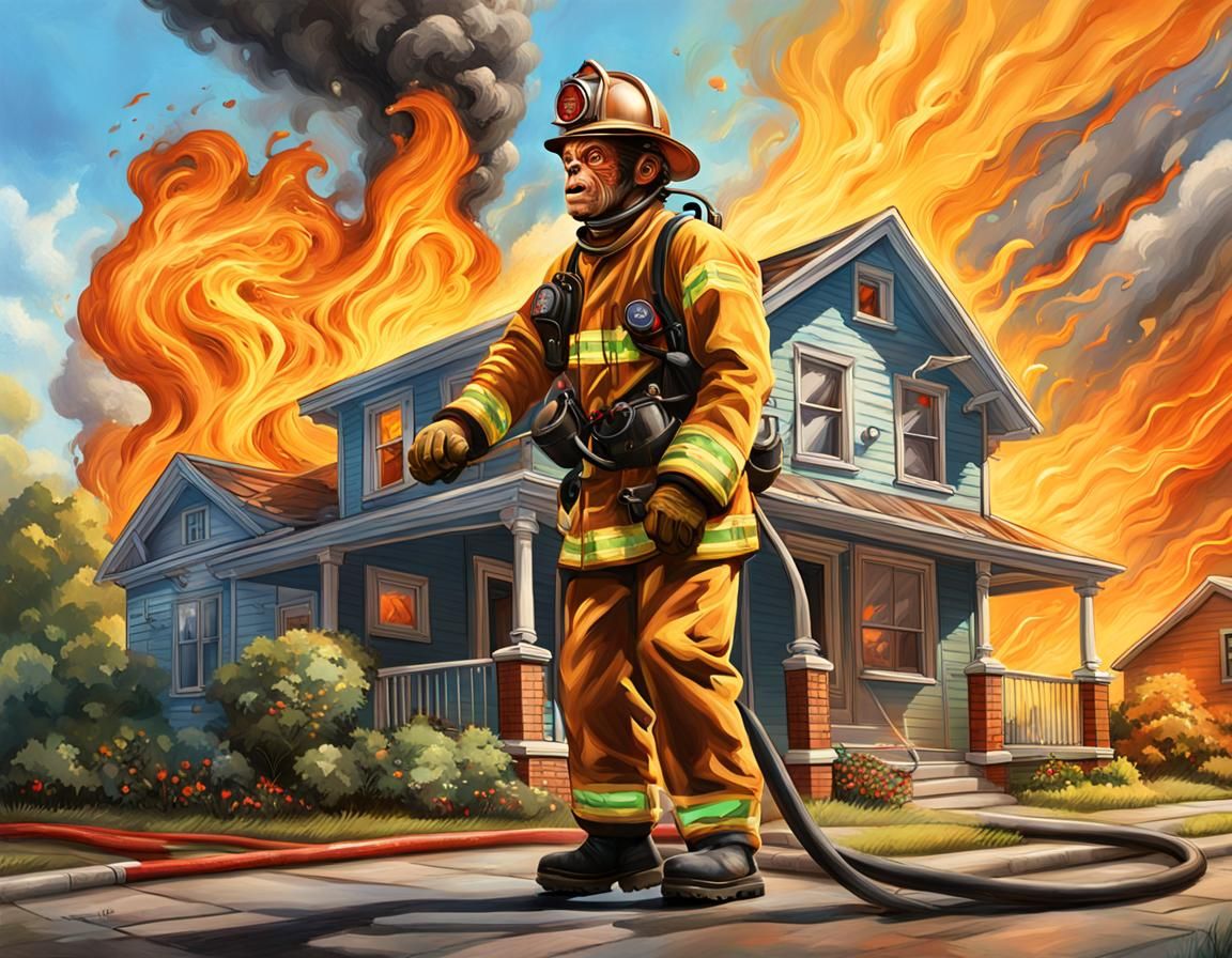 Flying Monkey Firefighter in Hyperrealistic Splash Art