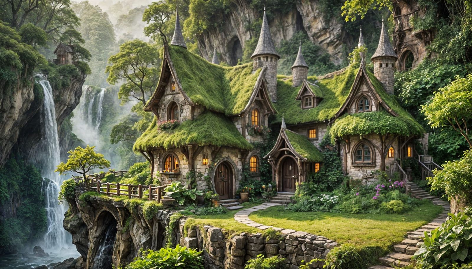 Enchanting Elven Cottage by Waterfall, Professional Photogra...