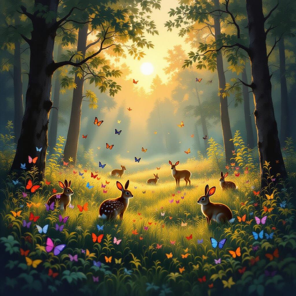Serene Forest Clearing at Dawn with Butterflies and Deer