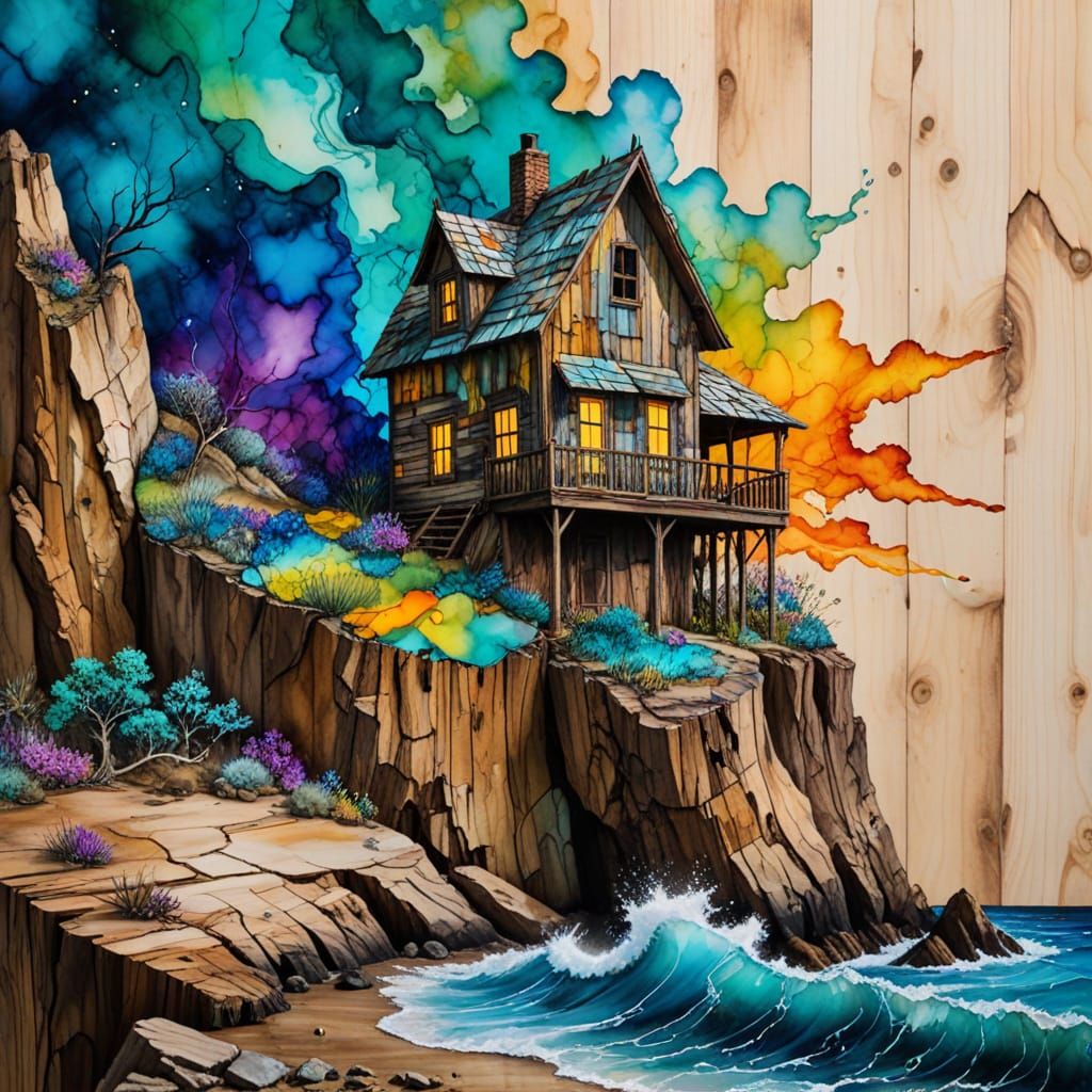 Distressed House in Surreal Dystopia, Alcohol Ink Art