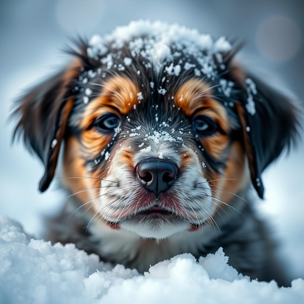 Puppy Covered in Snow: Professional Color Portrait