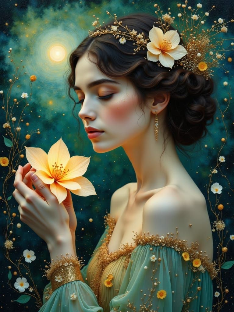 Over-detailed cinematic <lora:Earth and filigree:1.0> still <lora:divineOil:0.7> depicting a bohemian girl, the personif...