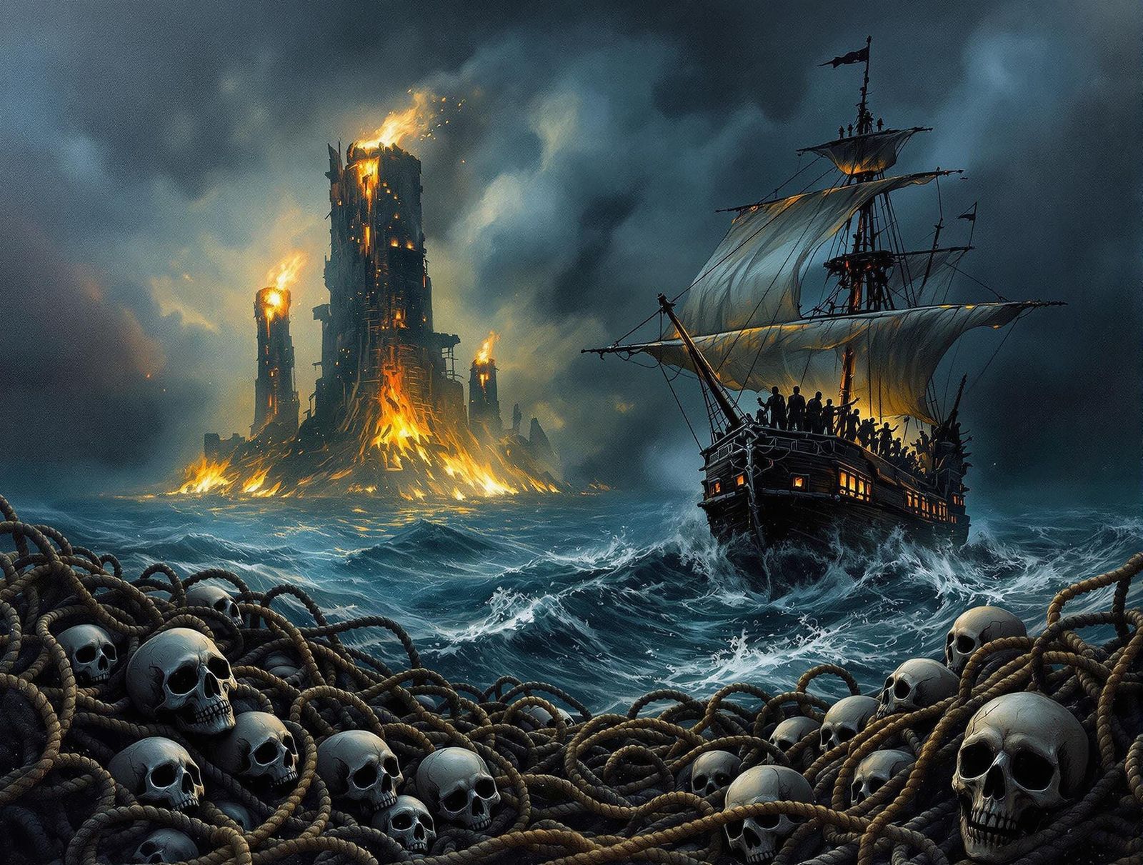 Post-Apocalyptic Seascape with Ghostly Ship, Oil Painting