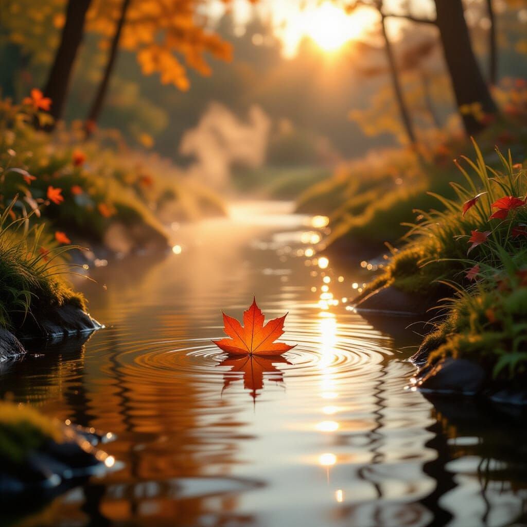 Ethereal Fall Leaf on Creek in Golden Hour Light