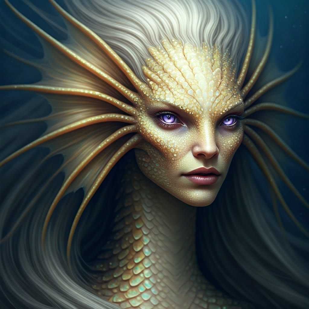 Cream-Haired Siren with Amber Scales in Watercolor Style